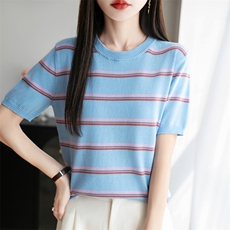 2025夏季新款圆领纯棉条纹针织短袖女宽松显瘦洋气休闲百搭上衣女，女装T恤，秋双羊绒