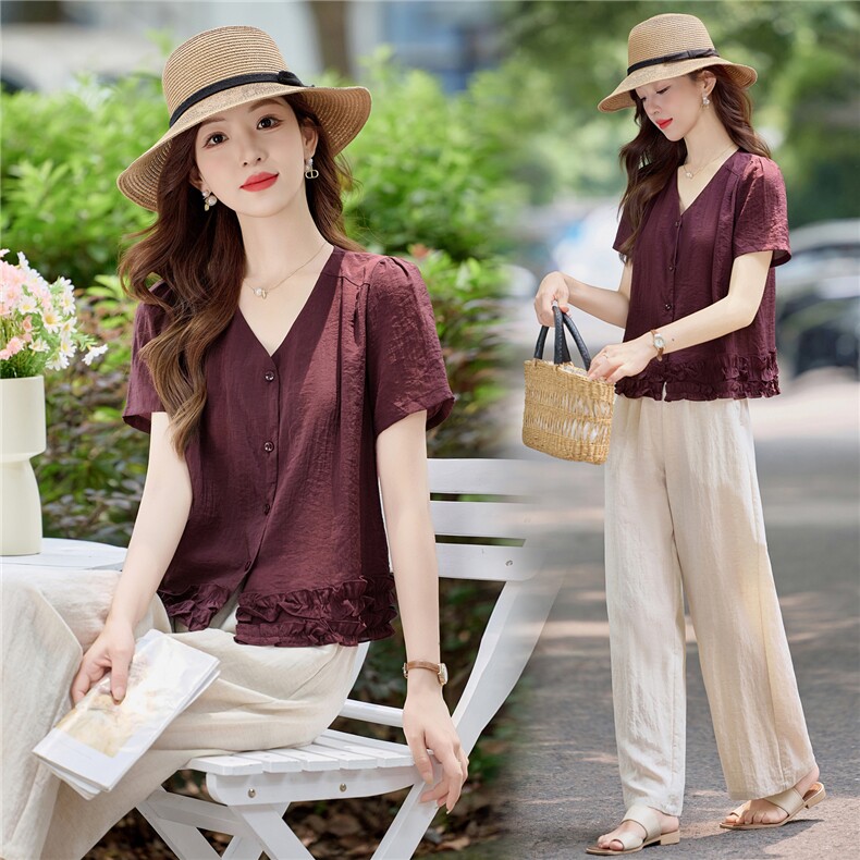 时尚休闲气质套装女2025夏新款减龄木耳花边拼接衬衫阔腿裤两件套，女装套装/套裙，依万里