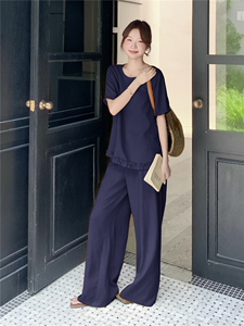 韩版木耳边短袖阔腿裤套装女2025年夏季新款休闲百搭松弛感两件套图片