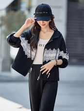 水衣源2788款时尚运动休闲连帽蕾丝拼接针织套装女，女装套装/套裙，水衣源