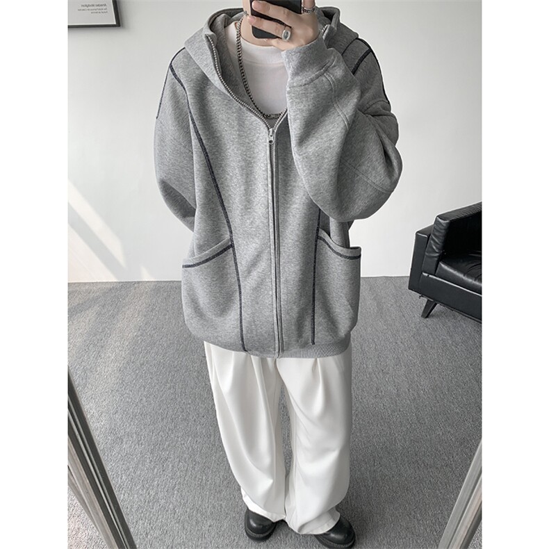 美式重磅立体硬挺卫衣男春秋潮牌设计感连帽开衫廓形外套KS004P68图片
