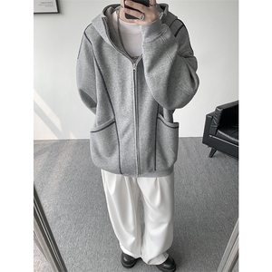 美式重磅立体硬挺卫衣男春秋潮牌设计感连帽开衫廓形外套KS004P68图片