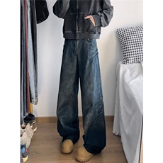 美式抓痕脏洗牛仔裤潮牌炸街痞帅宽松直筒阔腿拖地裤子RK3082-P61，男装牛仔裤，星座412-3