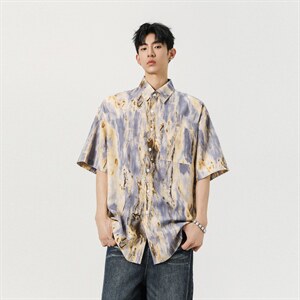 1冰丝扎染面料 聚酯纤维M-5XL大码短袖衬衫男DCS78034P35控58图片