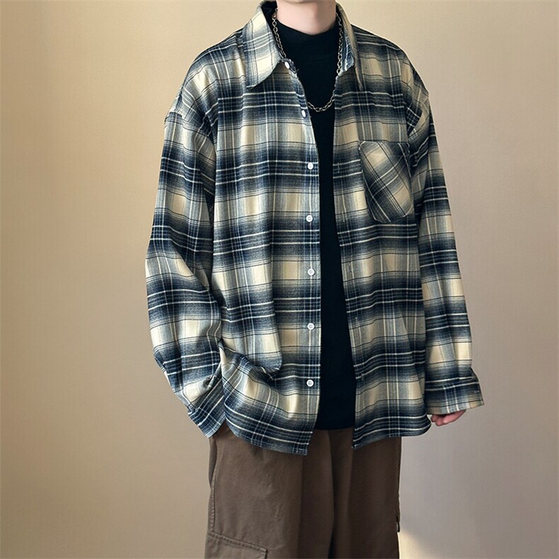 现货-春秋长袖格子衬衫宽松潮牌休闲内搭衬衣-AC23086-特批P58,男装衬衫,电商A351