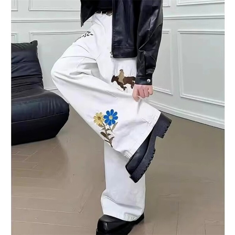 潮牌设计感刺绣牛仔裤男春秋季美式痞帅vibe裤子直筒宽松微喇长裤,男装牛仔裤,星座506A