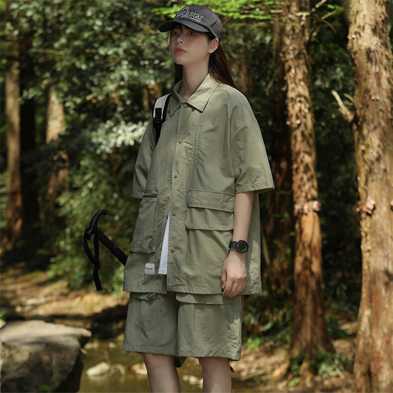 夏款中性风纯色翻领衬衫潮绣标短裤半袖套装男女8715-P80控价128,男装衬衫,电商A441-1