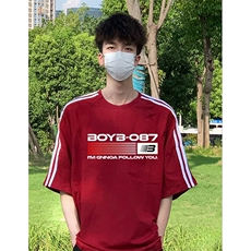 抖音得物高品质二开240克宽松纯棉美式潮牌三条杠织带短袖T恤，男装T恤，电商A486