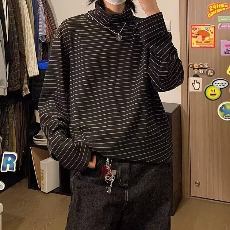 秋冬新款宽松半高领条纹长袖T恤宽松百搭显瘦内搭上衣打底衫,男装T恤,星座506A