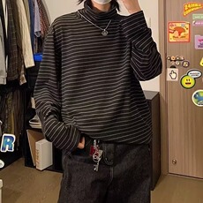 秋冬新款宽松半高领条纹长袖T恤宽松百搭显瘦内搭上衣打底衫，男装T恤，星座506A