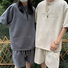 2023港风文艺麂皮绒套装男两件套T恤短裤，男装休闲套装，星座716-3