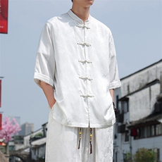 2025夏季新款风七分袖衬衫男立领大码盘扣上衣CS100-P55，男装衬衫，电商A008