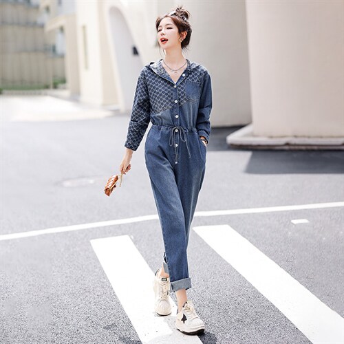 时尚显瘦牛仔连体裤抽绳收腰设计百搭休闲风，女装连体裤，钱塘布衣