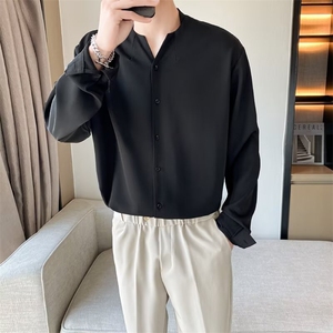禁欲系雪纺垂感V领衬衫男春秋新款纯色宽松无领长袖衬衣 C03图片
