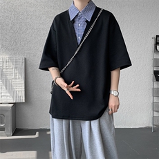 M-8XL假两件衬衫领短袖T恤大码格子拼接翻领半袖POLO衫DX1213/P48，男装T恤，电商B238