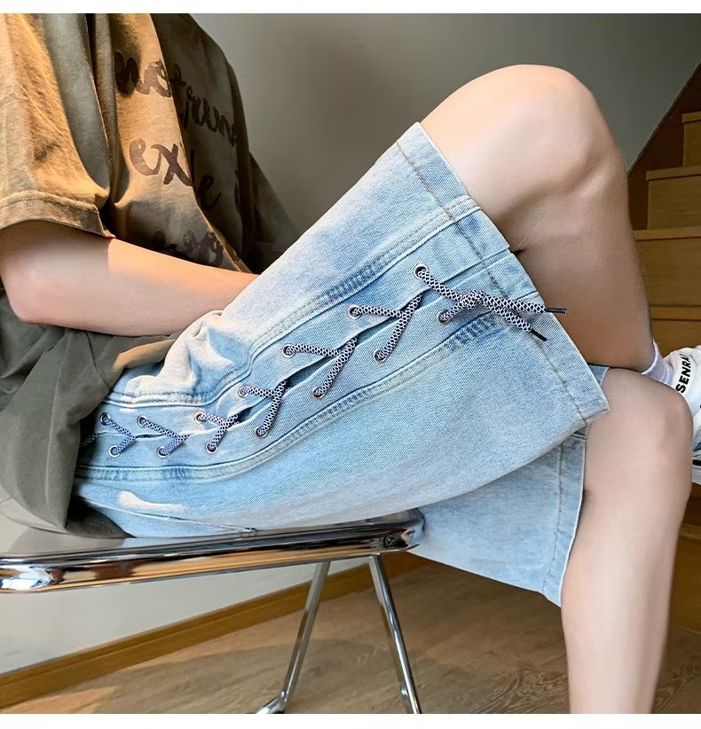 美式高街牛仔短裤男设计感小众过膝抽绳五分裤大码3336-P40,男装休闲裤,星座1109-3