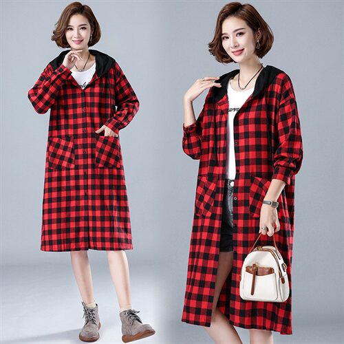 棉质红格子薄款单层连帽风衣外套女长款衬衫2025新款春秋，女装衬衫，风姿绰