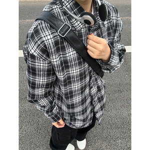 美式复古黑白格子衬衫男春秋高级感格纹长袖衬衣cleanfit情侣外套