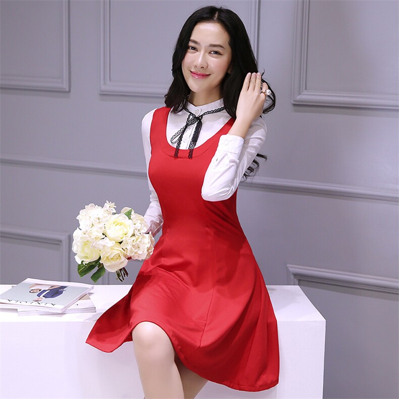 时尚优雅红色连衣裙显瘦修身百搭女套装，女装套装/套裙，贵人树