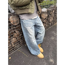 美式复古水洗做旧猫须阔腿百搭弯刀牛仔裤男女新款小众通勤长裤，男装牛仔裤，星座506A