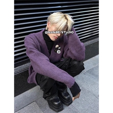 MY9802-P64秋冬紫色V领开衫胸针毛衣男vintage慵懒风针织衫高街，男装针织衫/毛衣，电商B323A