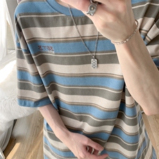 C396-P382024夏季新款撞色彩虹条纹t恤男潮牌百搭宽松短袖现货，男装T恤，星座512-6