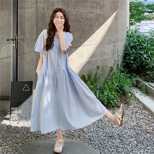 学院风蓝色连衣裙女2025夏季新款韩系小清新甜美减龄小个子衬衫裙图片