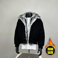 现货高品质美式高街重磅狼王座山雕毛毛领假两件棉衣加厚棉服外套，男装棉衣，电商A443