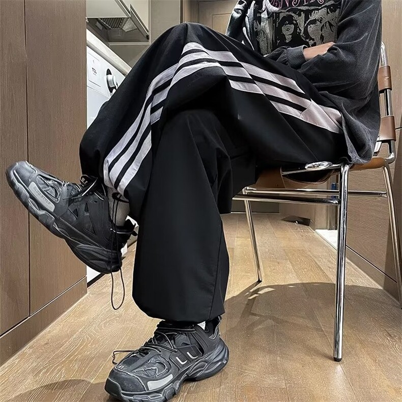 23年撞色条纹休闲裤男女秋季宽松学生运动抽绳阔腿裤~601-2-AK777,男装休闲裤,星座601-2