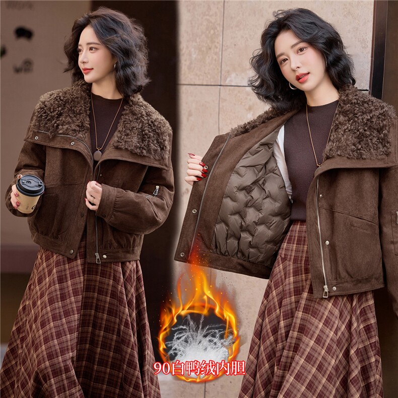 现货羽绒服外套女2025年冬季新款时尚羊羔毛拼接羽绒外套女，女装羽绒服，美沁