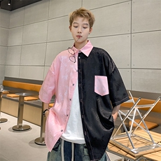 冰丝提花衬衫双拼色短袖港风休闲上衣XZ907-P30-控48，男装衬衫，星座907