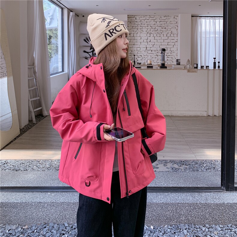 韩系撞色拼接休闲玫红色冲锋衣外套女春秋2025新款独特超好看上衣,女装大码女装,2B154