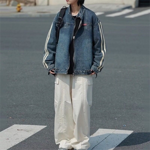 美式复古水洗做旧牛仔夹克男秋季宽松痞帅情侣装机车服外套图片