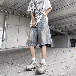 废土风脏脏做旧水洗牛仔短裤男夏季美式复古高街设计感宽松五分裤图片