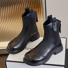 真皮马丁靴女2024秋冬新款粗跟复古英伦风短靴休闲百搭低筒靴子女，女鞋马丁靴，电商A223