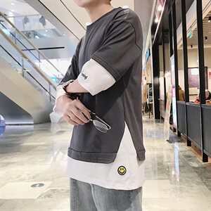 A003-HT002-P20  夏季新款黄色笑脸假两件休闲短袖T恤2 港仔风图片