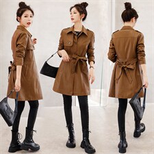 皮衣外套女春秋2023新款时尚潮流收腰气质修身显瘦长款皮衣风衣潮，女装皮衣，缘衣格