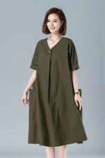 时尚大码宽松棉裙高端舒适V领连衣裙,女装连衣裙,3200格调