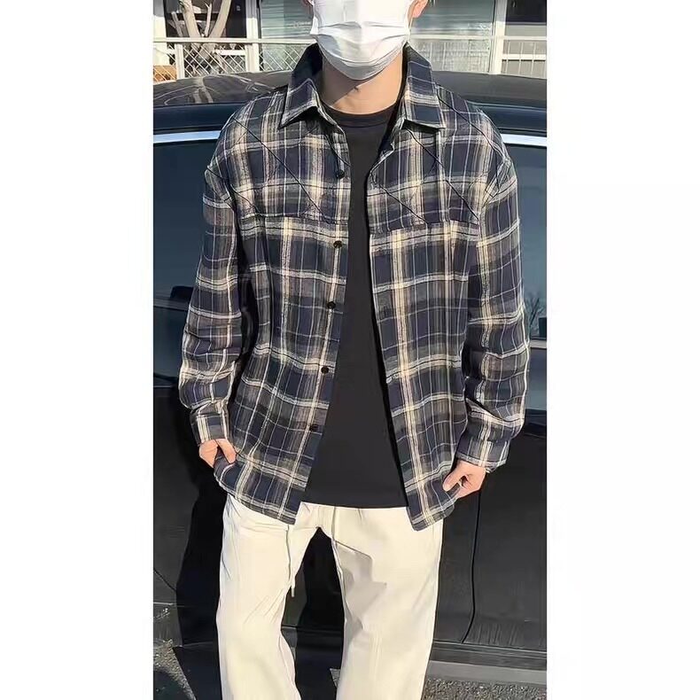 美式复古格子衬衣男士休闲百搭长袖衬衫外套网图CS334-P46,男装衬衫,星座1001-1