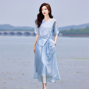 蓝色连衣裙套装女2025新款韩系夏日穿搭一整套短袖吊带裙子三件套图片