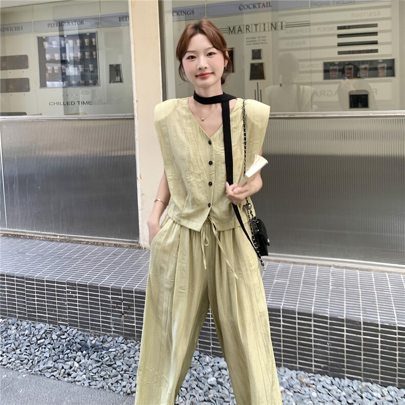 设计感韩系v领马甲高腰阔腿裤套装女2025夏季新款气质显瘦两件套,女装套装/套裙,2C203