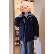 藏青色假两件格子拼接羽绒棉服女冬季2025新款加厚面包服棉衣外套，男装棉衣，星座506A