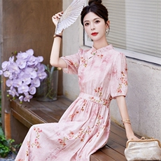 新中式国风复古盘扣长款连衣裙女2025夏新款高腰显瘦立领碎花长裙，女装连衣裙，蝶眷