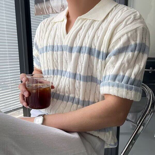 蓝白撞色条纹针织短袖男款Polo衫夏季透气凉感T恤学院风翻领上衣,男装T恤,星座205-3