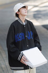 秋季潮牌棒球服男女潮流港风学院风华夫格夹克外套模特J202-P75图片
