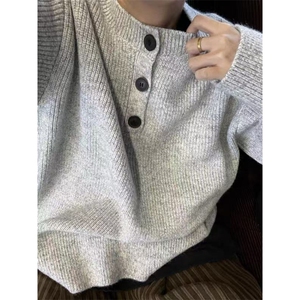 灰色美式复古亨利领毛衣男款冬季慵懒风高级感针织衫cleanfit外套图片