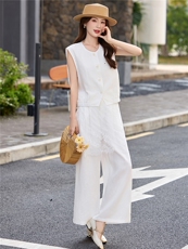 现货轻熟风气质套装女2026夏季麻料薄款西装马甲上衣阔腿裤两件套，女装套装/套裙，艾仟回(原伊仟回)