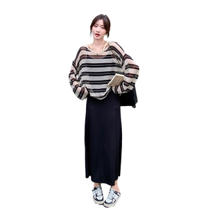 轻熟风条纹套装连衣裙女夏小众超好看气质条纹罩衫吊带裙两件套图片
