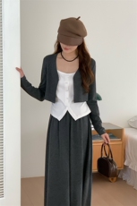 2025春装新款显瘦韩版简约款长袖开始吊带套装高腰半身裙三件套，女装套装/套裙，2C091
