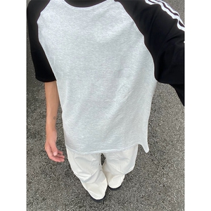 抖音得物品质二开240克宽松纯棉美式潮牌插肩三杠织带短袖T恤图片